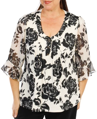 Thumbnail 1: Sara Michelle Women's Plus Mesh Sleeve Pleated Print V-Neck Top 