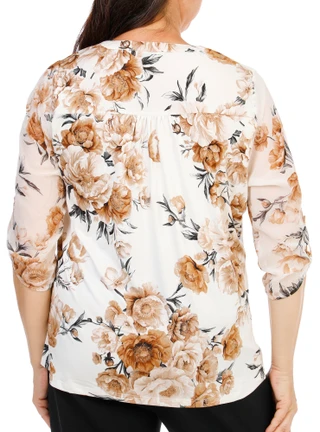 Thumbnail 2: Sara Michelle Women's Plus Split Neck Mesh Sleeve Pleated Print Top 