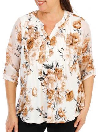 Thumbnail 1: Sara Michelle Women's Plus Split Neck Mesh Sleeve Pleated Print Top 