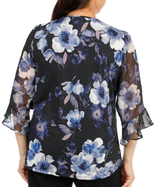 Thumbnail 2: Sara Michelle Women's Plus Mesh Sleeve Pleated V-Neck Print Top 