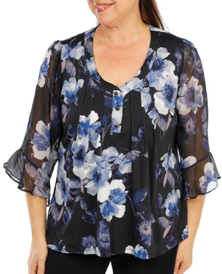 Thumbnail 1: Sara Michelle Women's Plus Mesh Sleeve Pleated V-Neck Print Top 