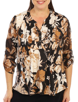 Thumbnail 1: Sara Michelle Women's Plus Split Neck Mesh Sleeve Pleated Print Top 