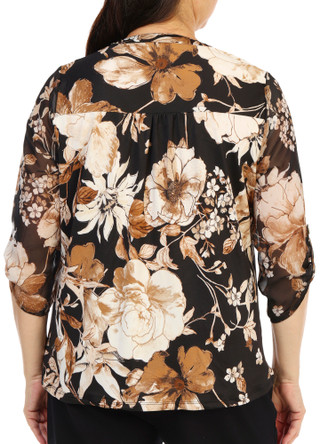 Thumbnail 2: Sara Michelle Women's Plus Split Neck Mesh Sleeve Pleated Print Top 