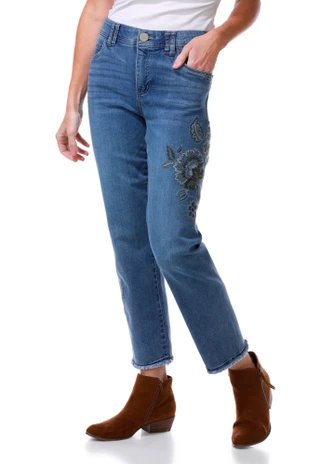 Thumbnail 1: Democracy Women's Floral Embroidered Straight Cropped Jeans  