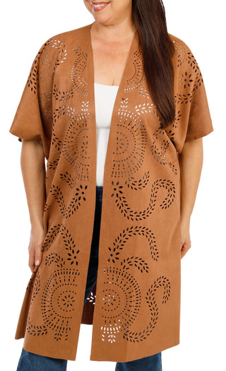 Thumbnail 1: LIV LOS ANGELES Women's Plus Dolman Sleeve Laser Cut Suede Cardigan 
