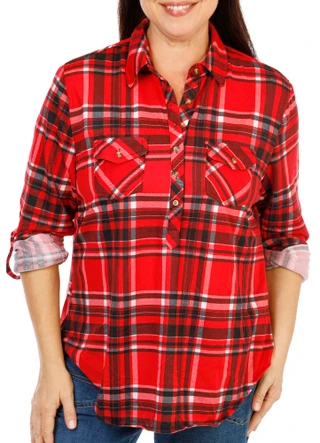 Thumbnail 1: Anneliese Women's Plus Plaid Print Button Bown Top  