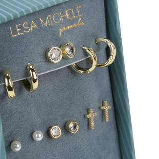 Thumbnail 2: Lesa Michele Jewels 6 Pk 14K Gold-Layered Stud & Huggie Earrings Set 