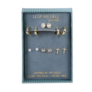 Thumbnail 1: Lesa Michele Jewels 6 Pk 14K Gold-Layered Stud & Huggie Earrings Set 