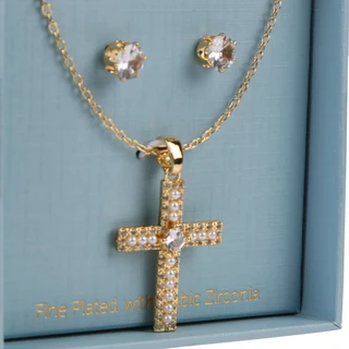 Thumbnail 2: Divine Grace Gold Plated Cubic Zirconia Earrings & Cross Necklace Set 
