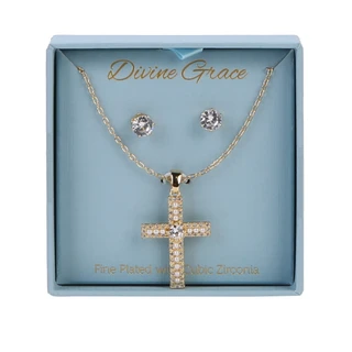 Thumbnail 1: Divine Grace Gold Plated Cubic Zirconia Earrings & Cross Necklace Set 