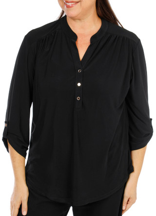 Thumbnail 1: Joie De Vivre Women's Plus 3/4 Sleeve Split Neck Button Up Top 