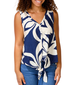 Thumbnail 1: Kaktus Couture Petite Sleeveless Leaf Print Tie Front Top 