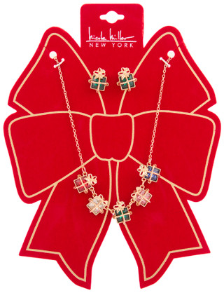 Thumbnail 1: Nicole Miller 2 Pc Christmas Gift Necklace & Earrings Set on Velvet Bow 