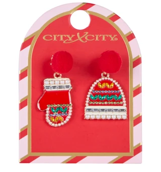 Thumbnail 1: Magical Season Christmas Mitten & Hat Pom-Pom Drop Earrings 
