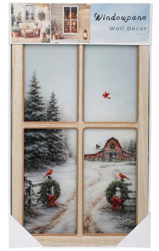 Thumbnail 1: 16x28 Christmas Snowy Barn & Cardinals Window Pane Decor 