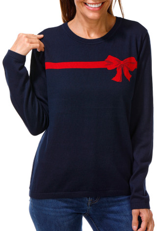 Thumbnail 1: Nautica Women's Bow Jacquard Crew Neck Sweater 