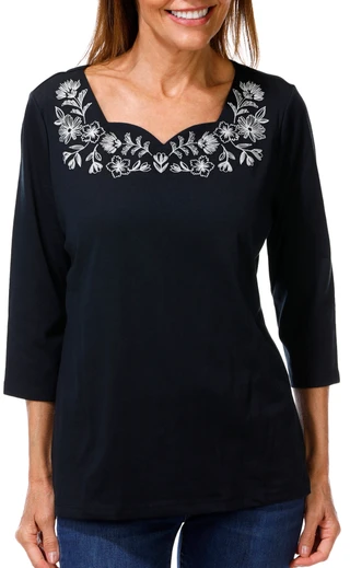 Thumbnail 1: Coral Bay Women's 3/4 Sleeve Embroidered Sweetheart Top 