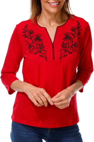 Thumbnail 1: Coral Bay Women's 3/4 Sleeve Embroidered Split Neck Tee 