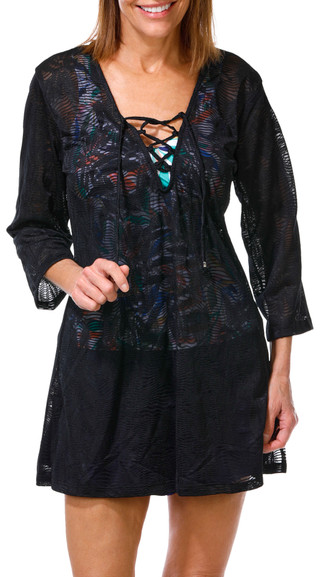 Thumbnail 1: J VALDI Women's 3/4 Sleeve Lace Up Swim Cover Up Dress 