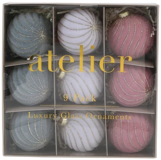 Thumbnail 1: ATELIER 9-Piece Flocked Glass Ornament Set 