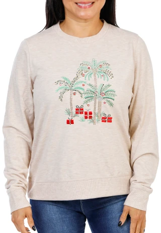 Thumbnail 1: Coral Bay Women's Petite Long Sleeve Christmas Palm Top 