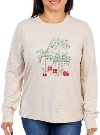 Thumbnail 2: Coral Bay Women's Petite Long Sleeve Christmas Palm Top 