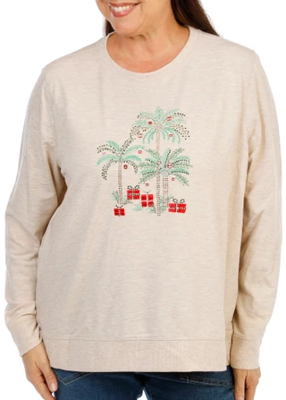 Thumbnail 3: Coral Bay Women's Petite Long Sleeve Christmas Palm Top 