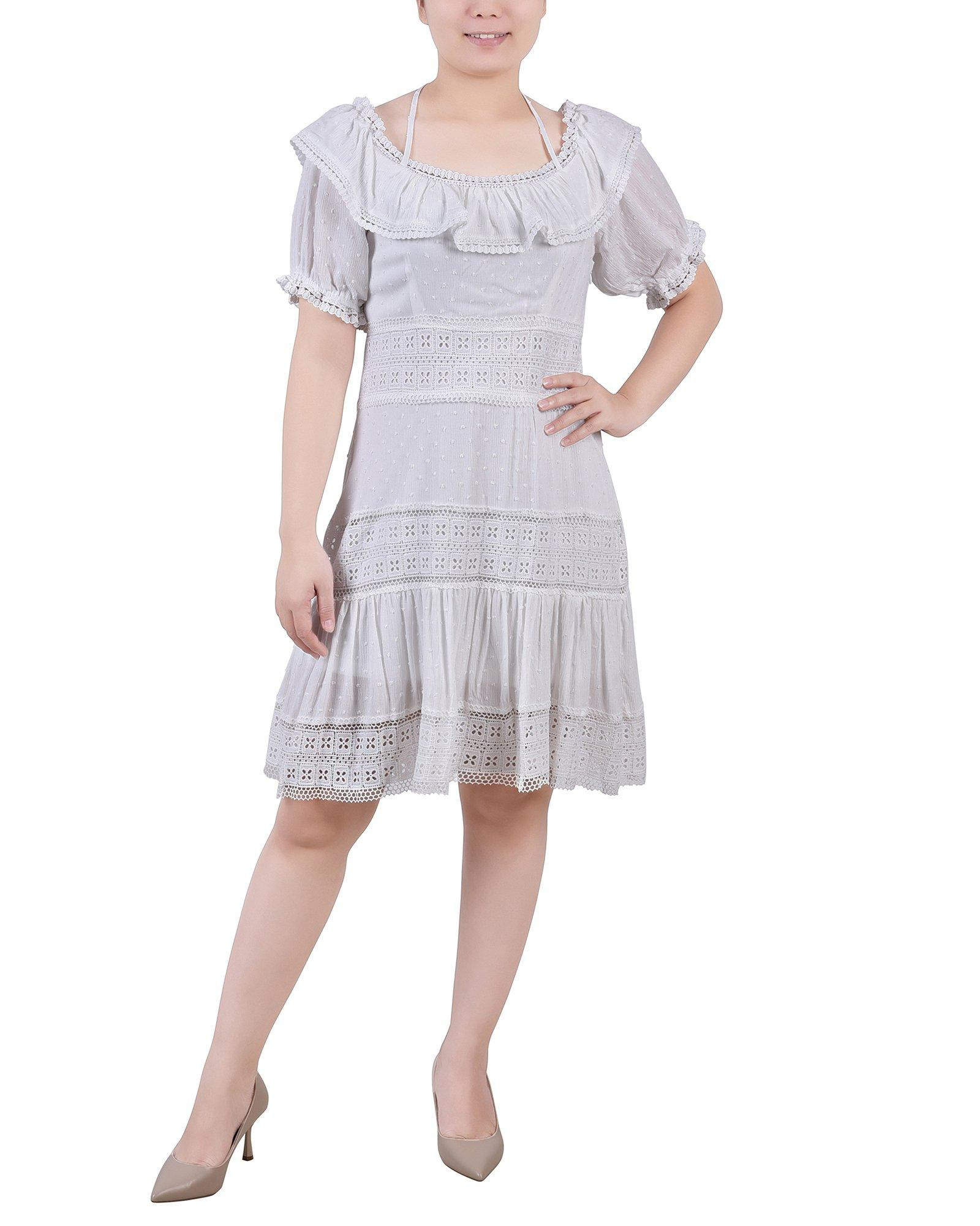 NY Collection Petite Short Sleeve Ruffle Neck Dress - White