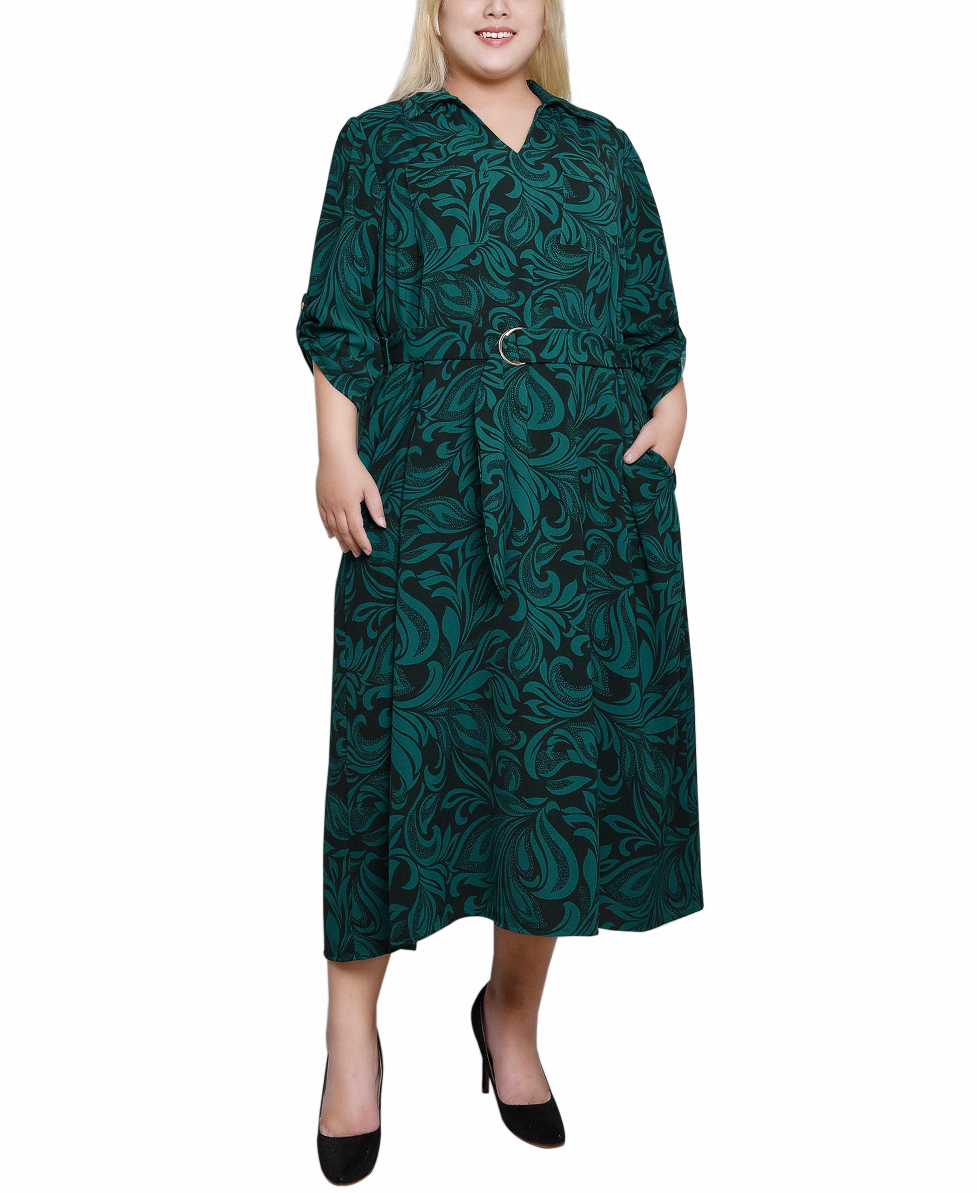 NY Collection Plus Size Roll Tab Sleeve Belted Dress - Emerald Multi NY Collection Plus Size Roll Tab Sleeve Belted Dress - Emerald Multi