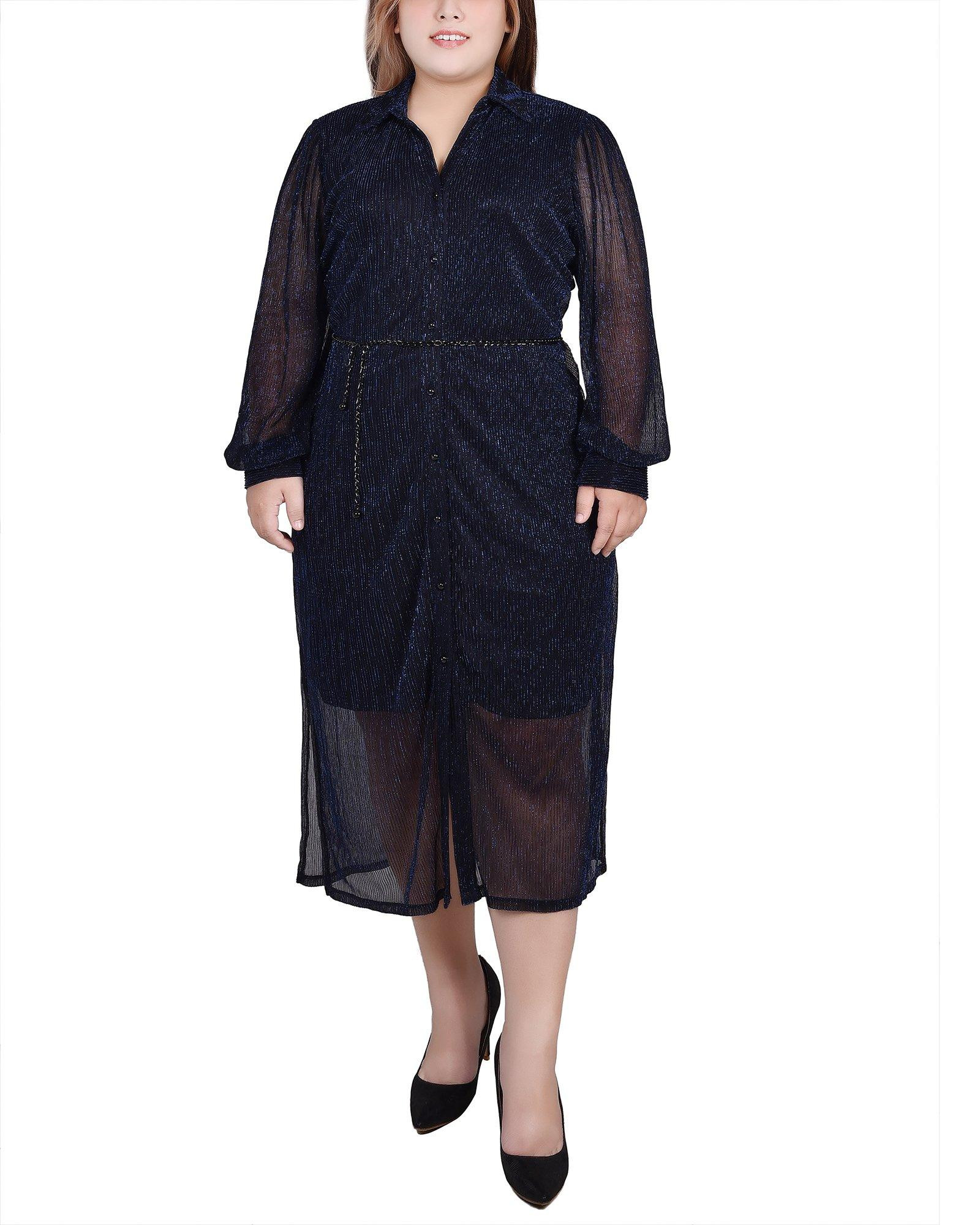 Ny Collection Long Sleeve Plisse Mesh Dress With Belt - Plus Navy / 3X