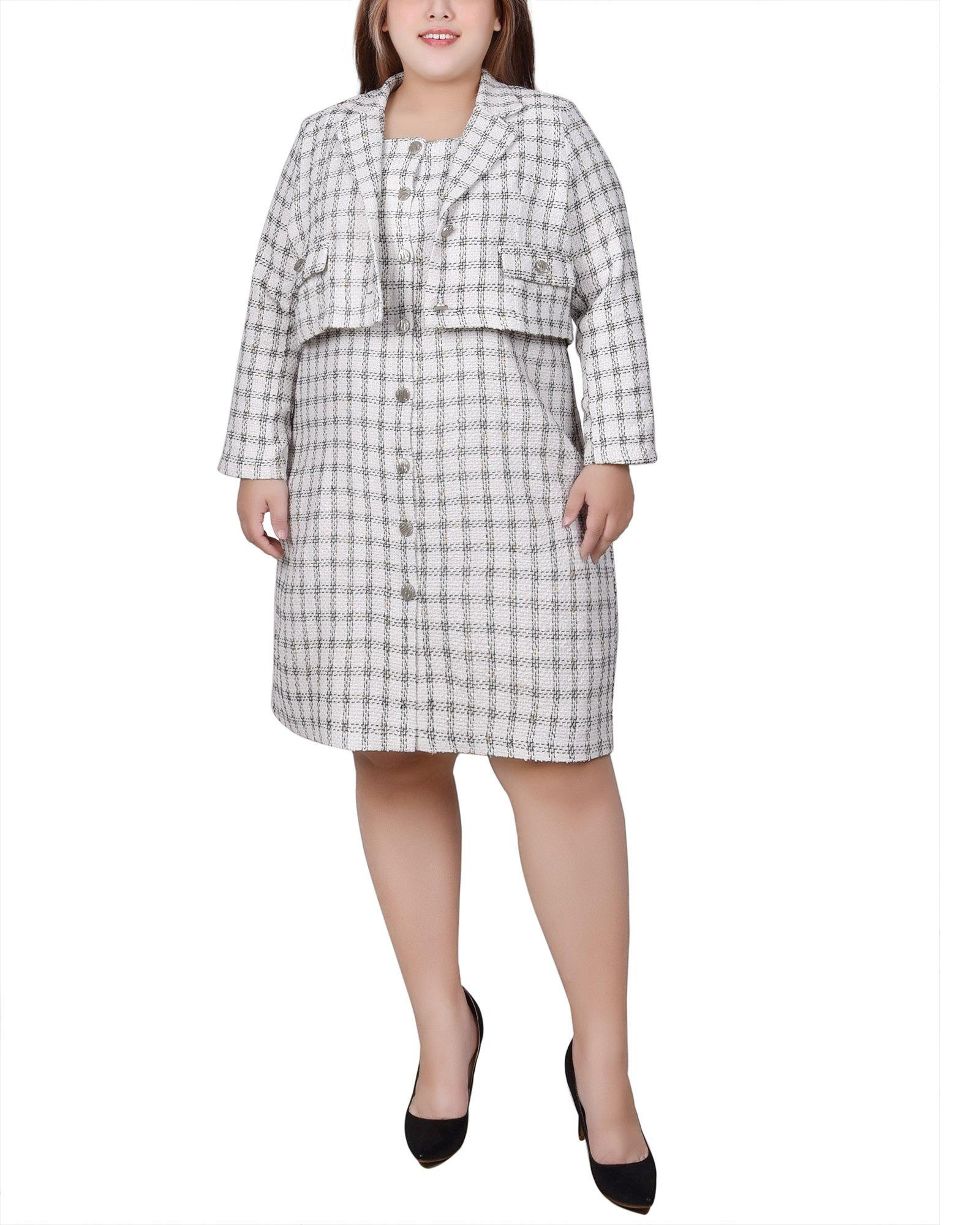 Plus Size Long Sleeve Tweed Dress Set Ivory Black Gold / 1X Plus Size Long Sleeve Tweed Dress Set Ivory Black Gold / 1X