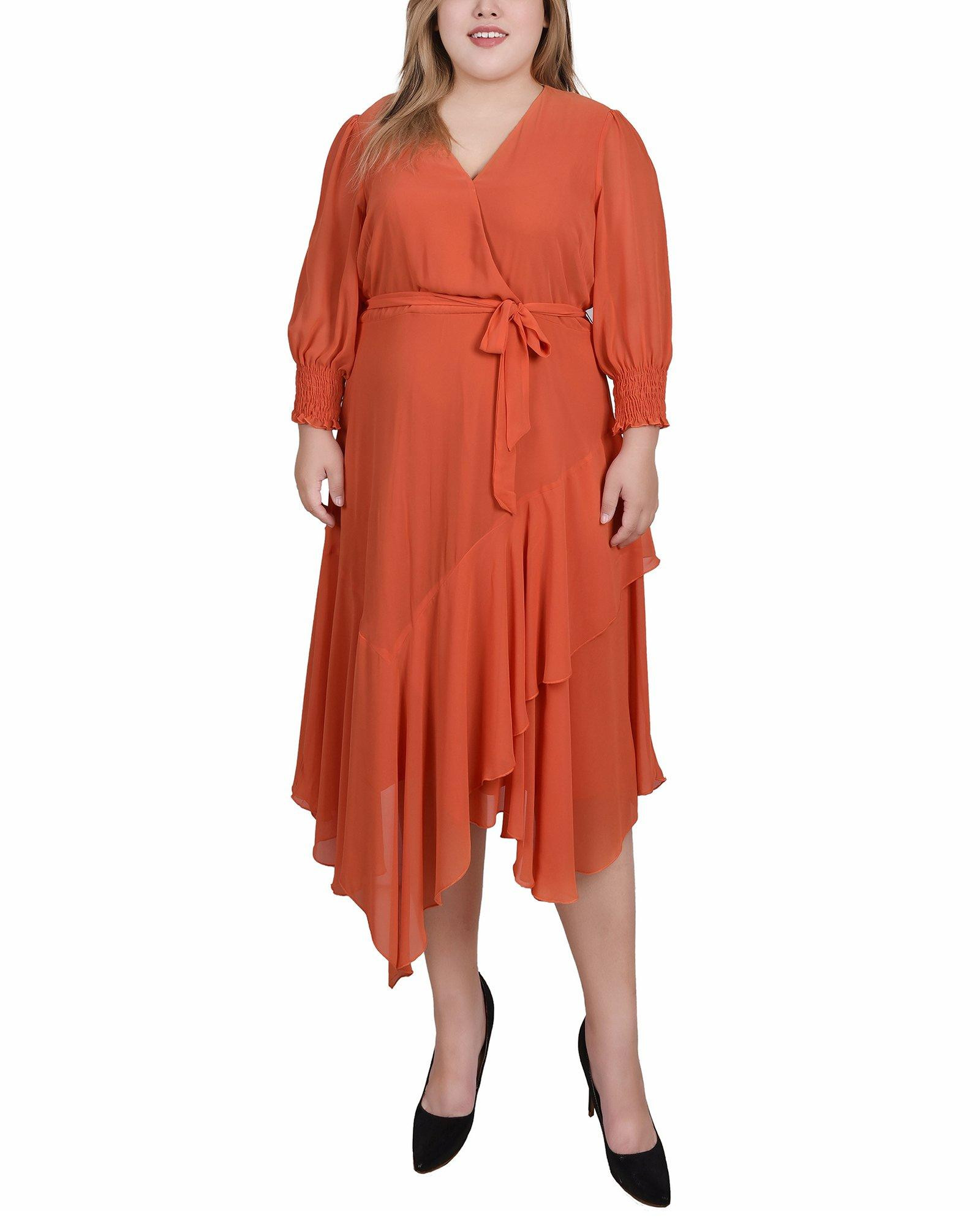 Plus 3/4 Sleeve Belted Chiffon Hankerchief Hem Dress Bealls Florida