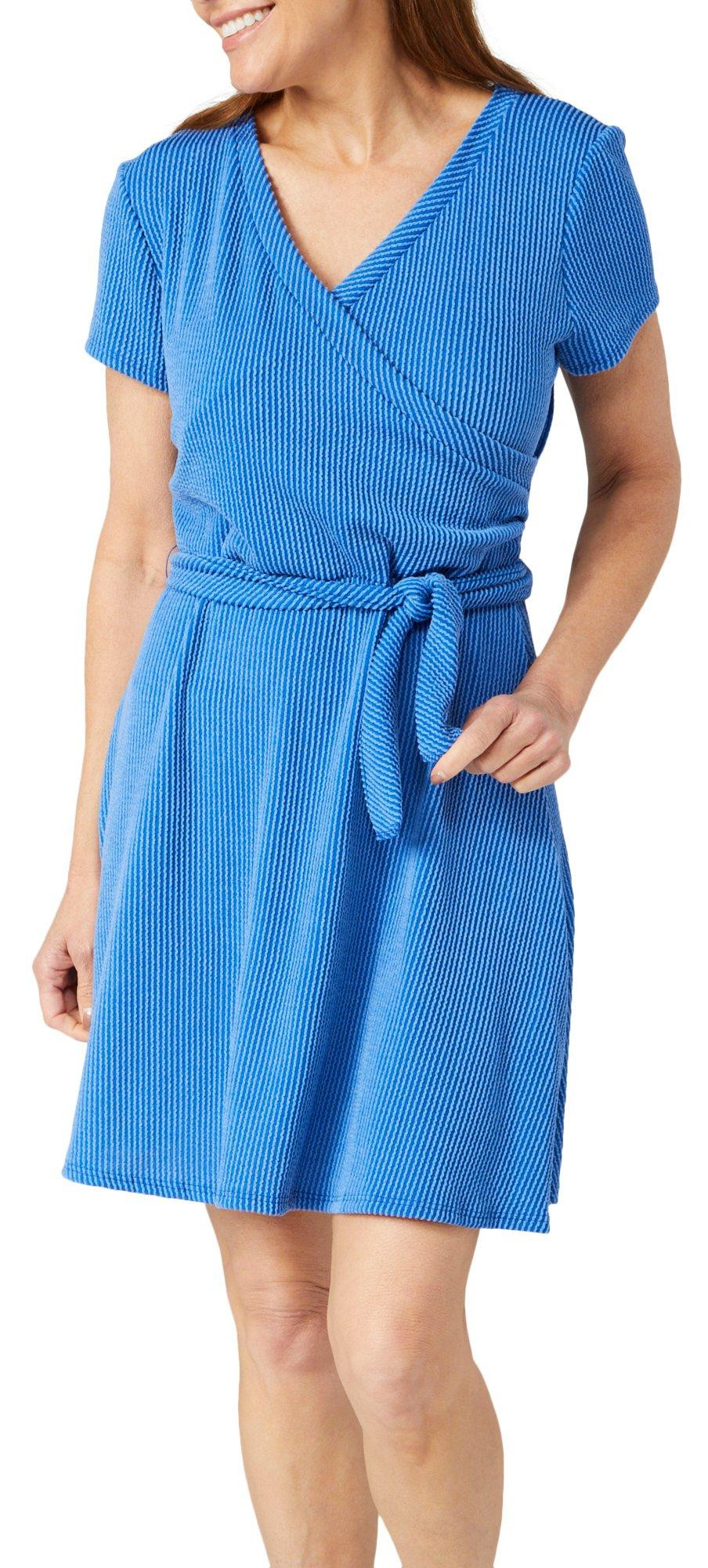blue faux wrap dress Kori Faux Wrap Striped Midi Dress main image 1