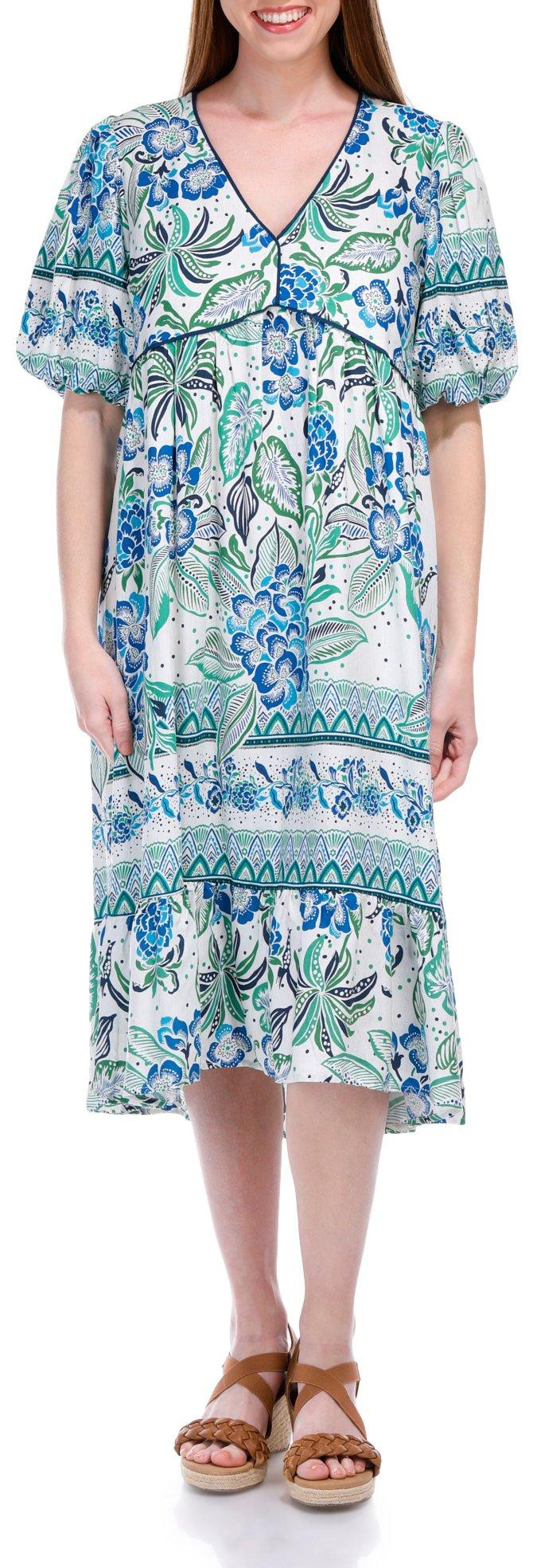 knee length dresses for ladies Navy Multi Short Sleeve Floral Beaded Midi Dress main image 1