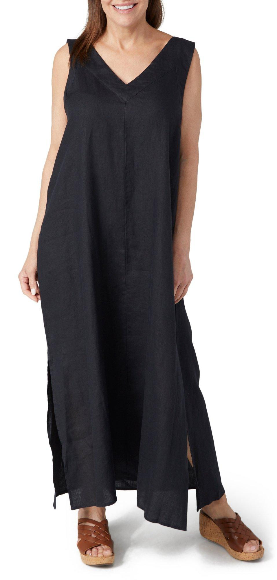 DKNY Linen V-Neck Maxi Dress - Black - Size XL