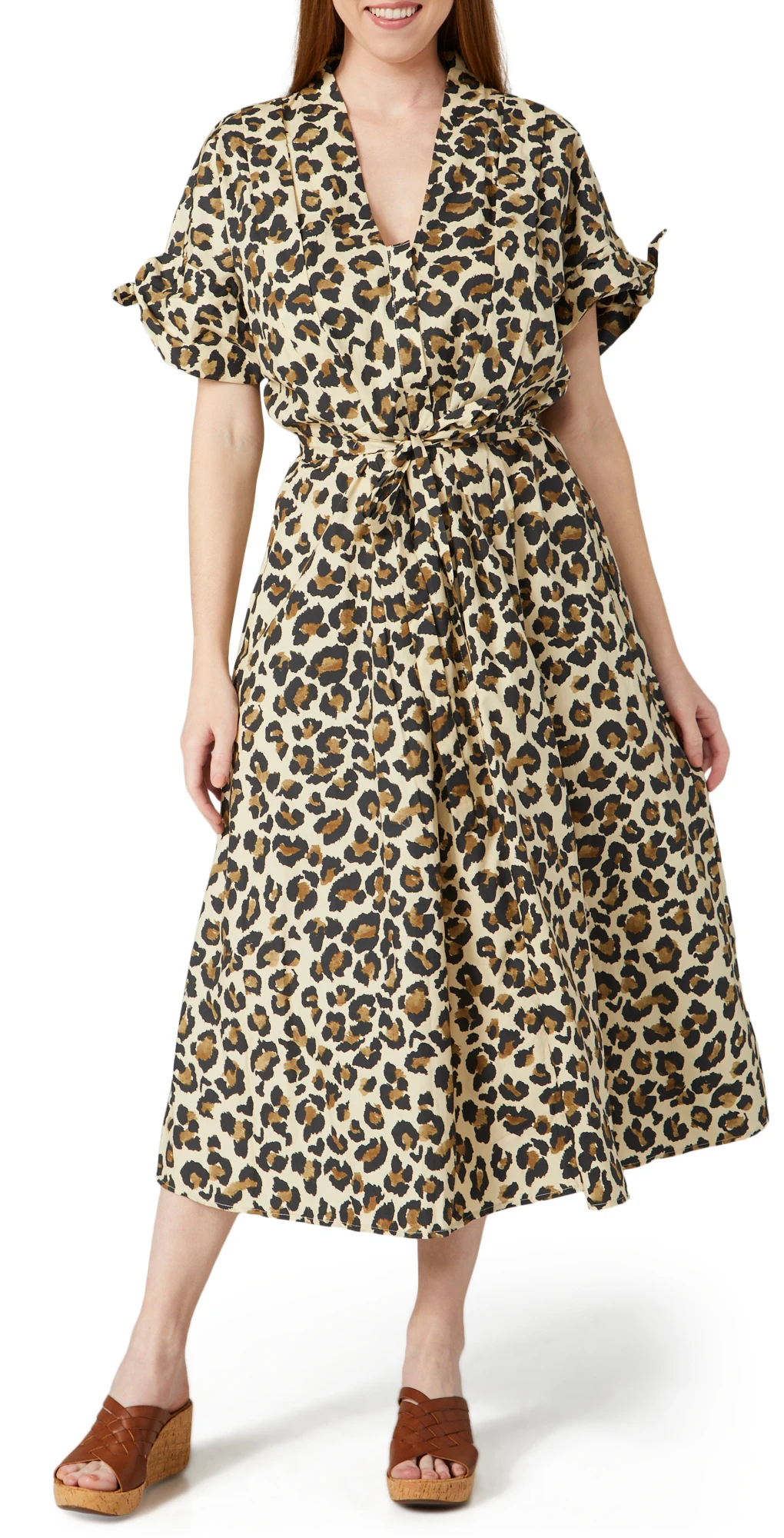 Ellen Tracy Womens Leopard Print Puffer Sleeve Midi Dress