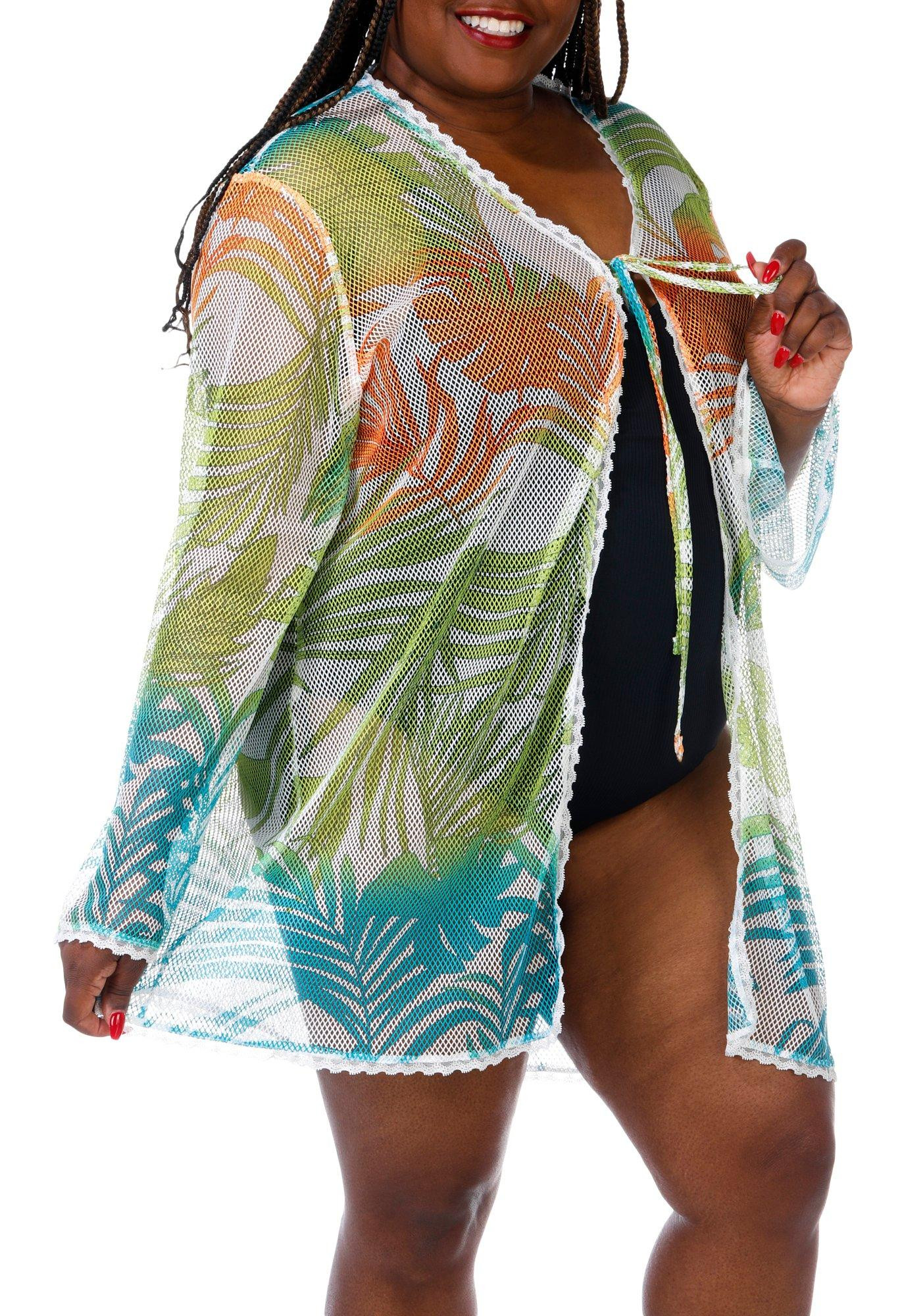 Tidal Wave Plus Long Sleeve Print Crochet Cover Up Dress in White Multi, 2X