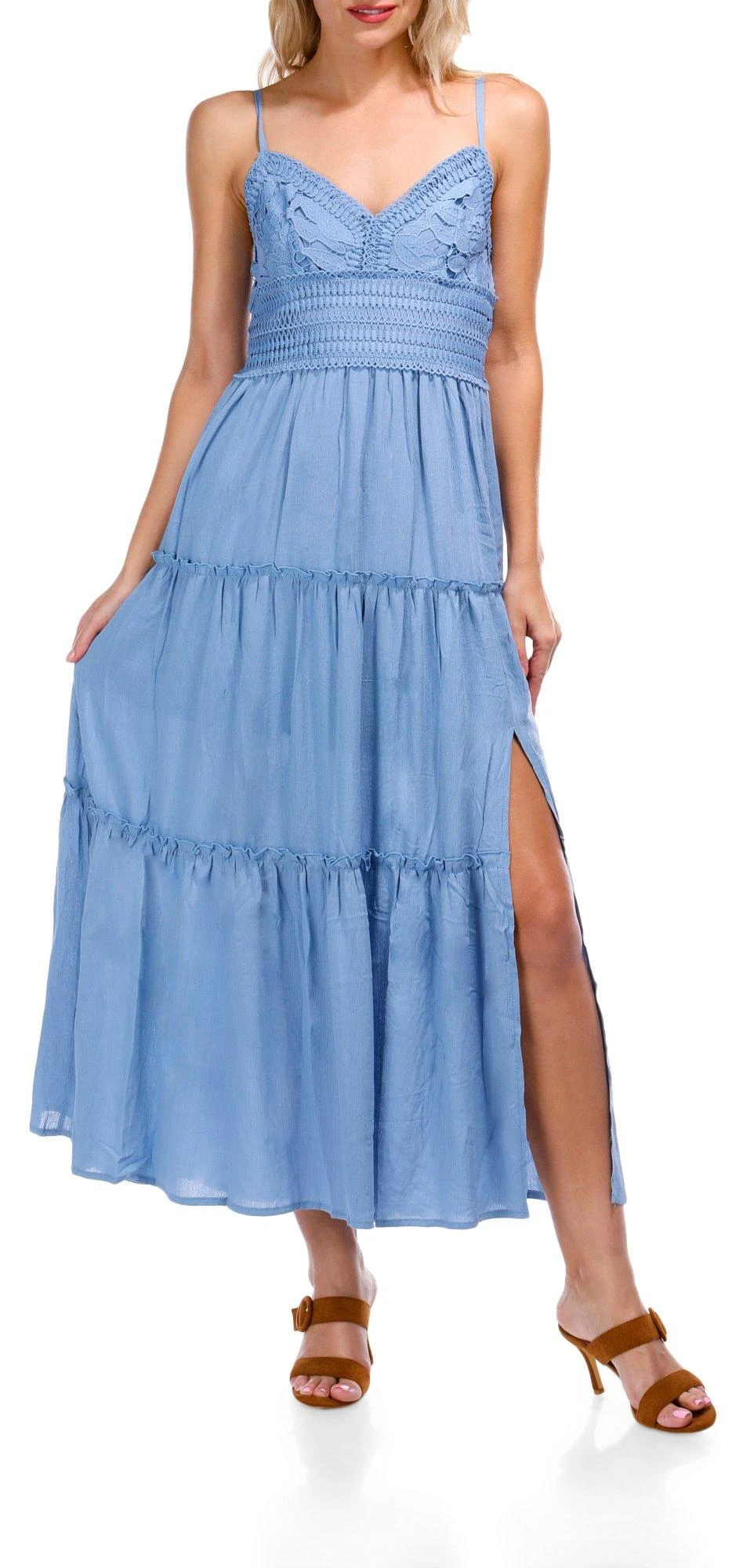 No Comment Juniors Sleeveless Crochet Dress in Blue, Medium