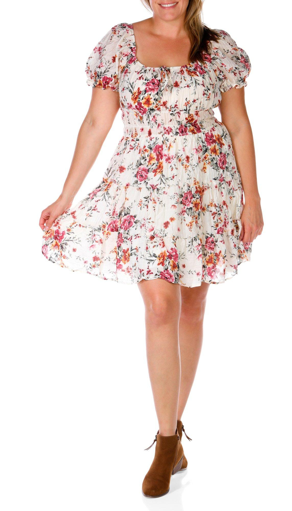 plus size junior dresses cocktail Junior Plus Size Floral Smocked Square Neck Puff Sleeve Mini Dress Black / 1X-2X-3X/2-2-2