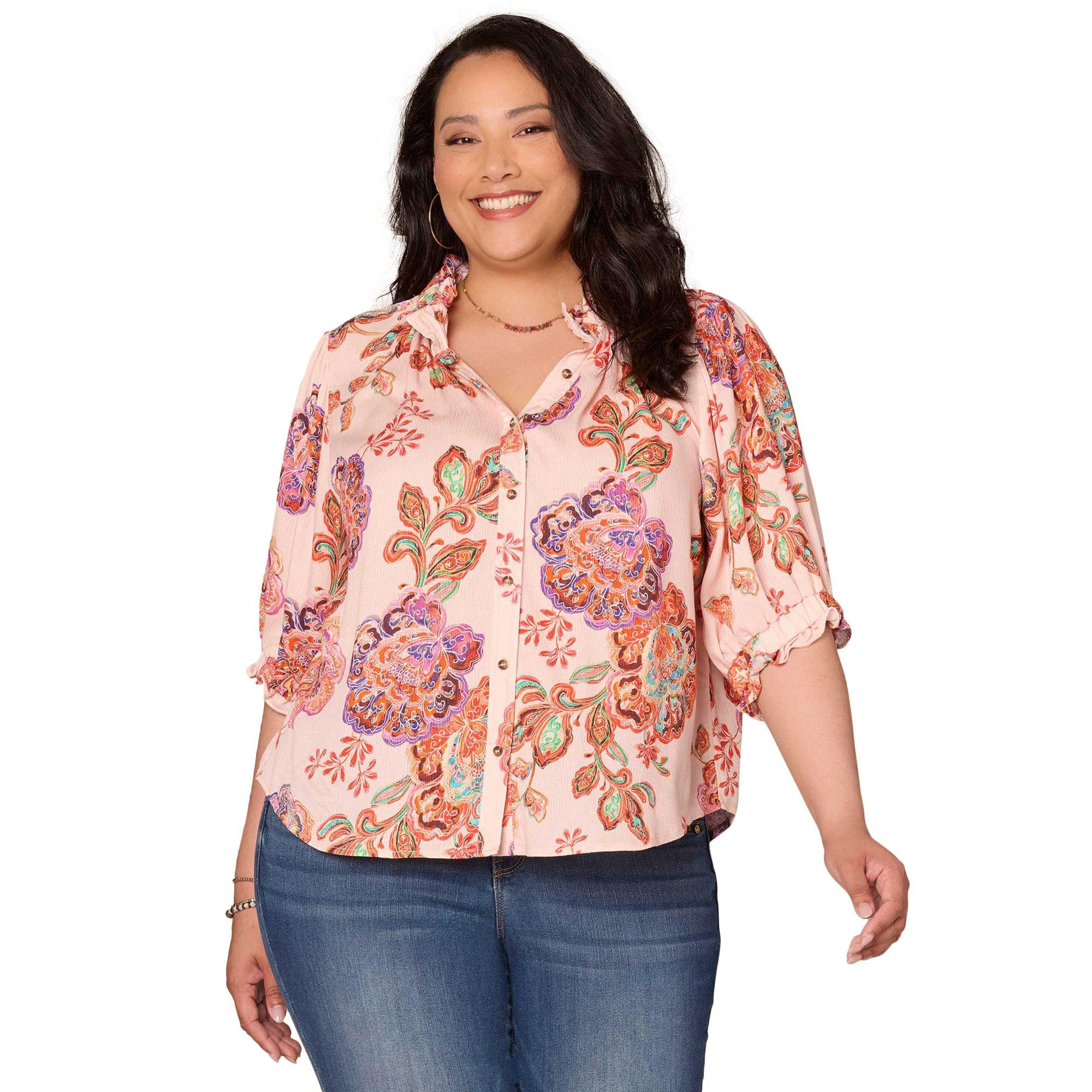 Democracy Plus Elbow Length Ruffle Edge Printed Woven Top Bealls