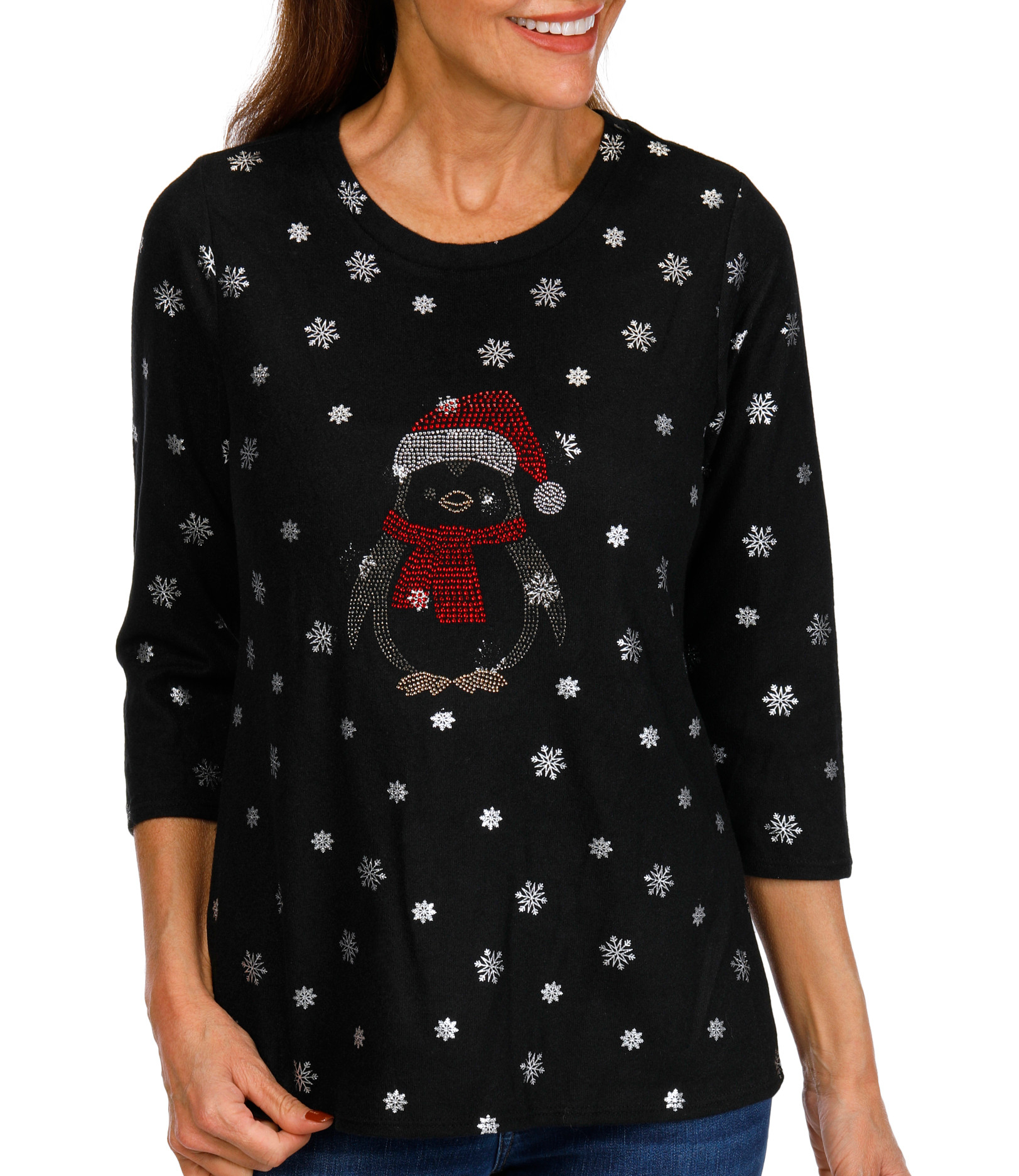 Emily Daniels Womens 3/4 Sleeve Christmas Penguin Knit Top Bealls
