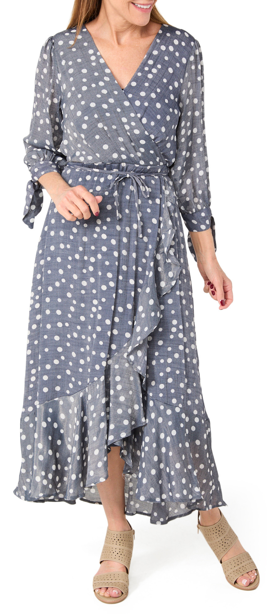 Harlow & Rose Women's Long Sleeve Polka Dot Wrap Maxi Dress in Grey, Large