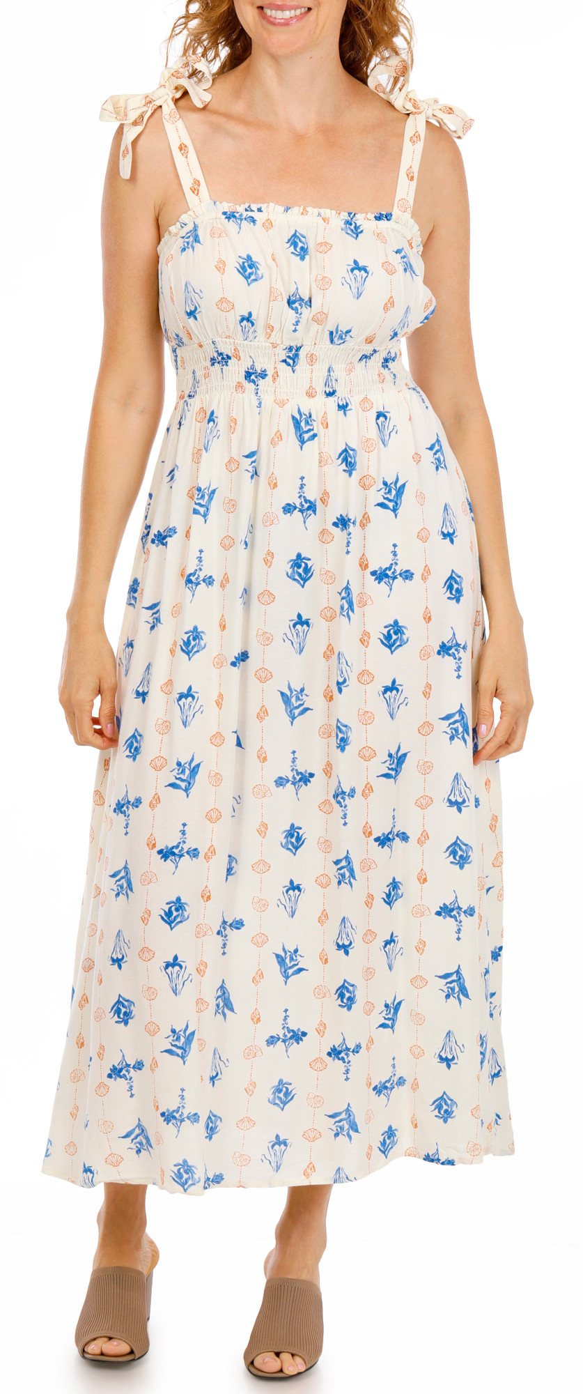 tie strap smocked midi dress BILA Juniors Tie Strap Smocked Midi Dress in Ivory Multi, XS