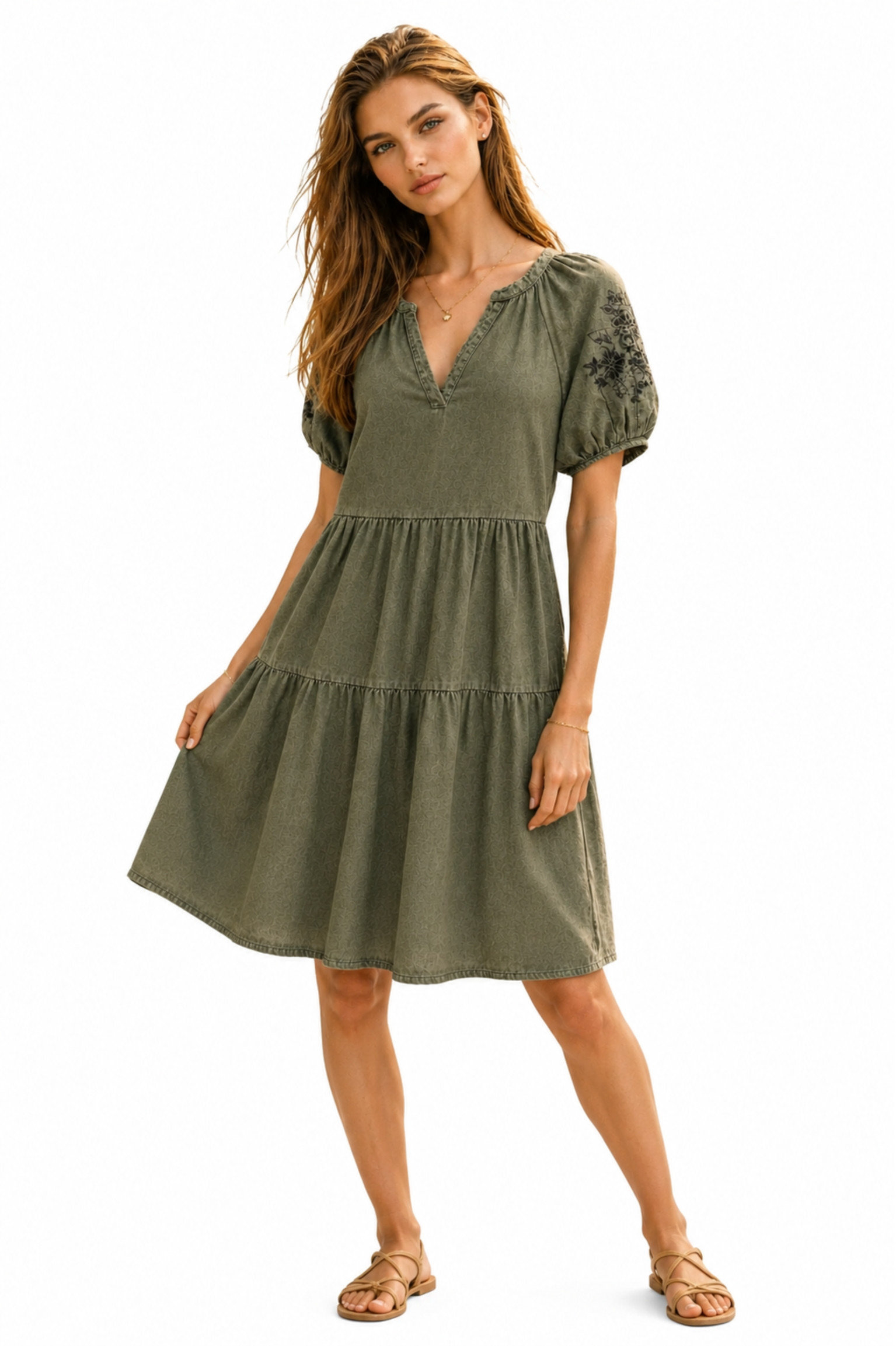beach lunch lounge dress Women's Ayla Embroidered Split Neck Short Sleeve in Turkish Olive, XL XL 49 in. Beach Lunch Lounge Boho Embroidered