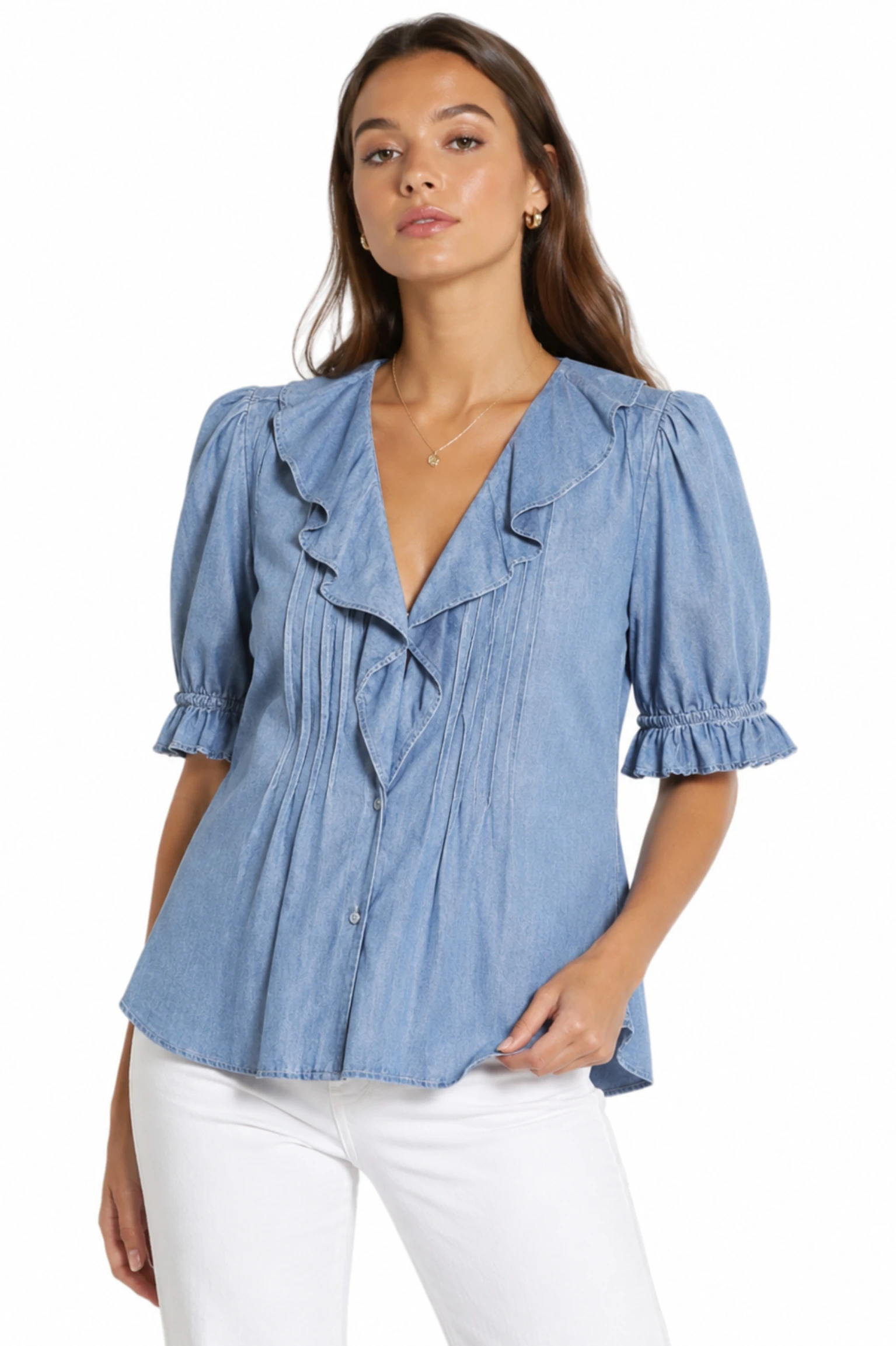 トップス riavell Buy TROVE NEW YORK, Women's Ruffle Neck Vintage Button Down Short