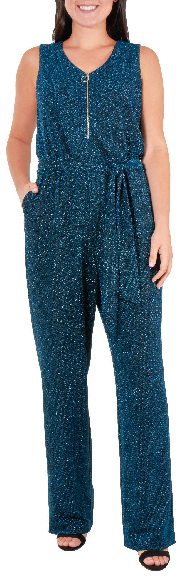 NY Collection Womens Glitter Zipper Placket Jumpsuit