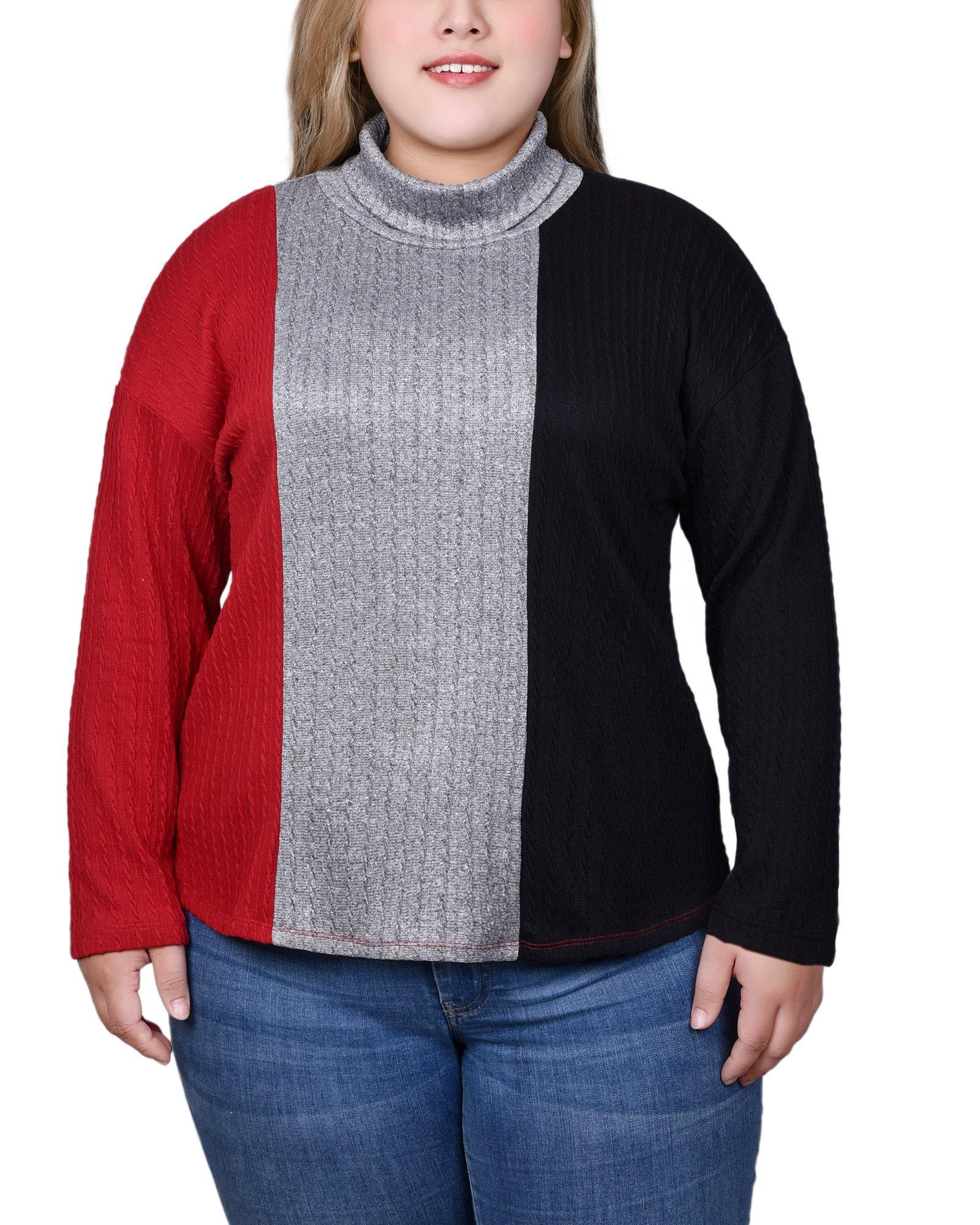 NY Collection Womens Long Sleeve Colorblocked Top