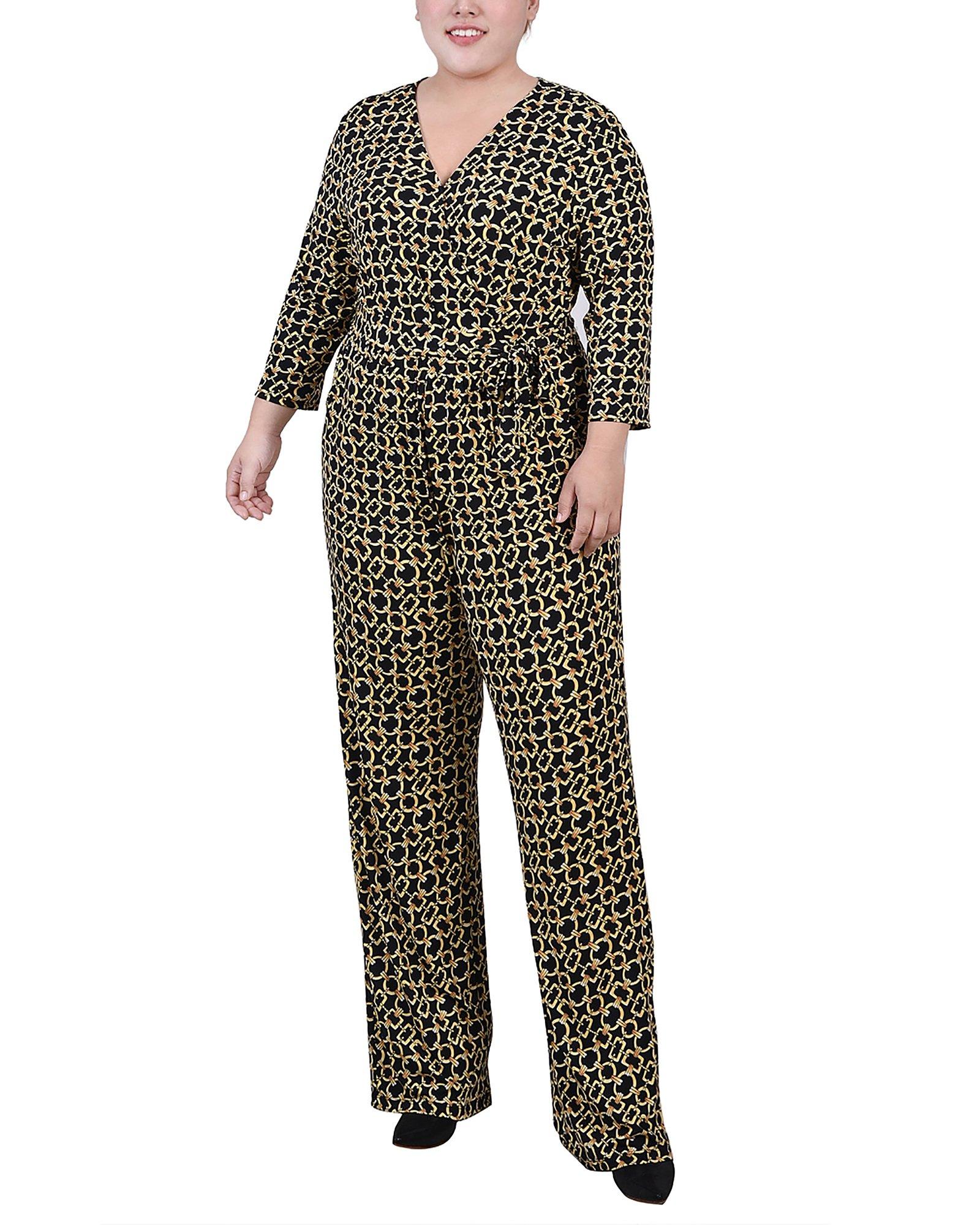 NY Collection Womens Plus Size 3/4 Sleeve Belted Jumpsuit