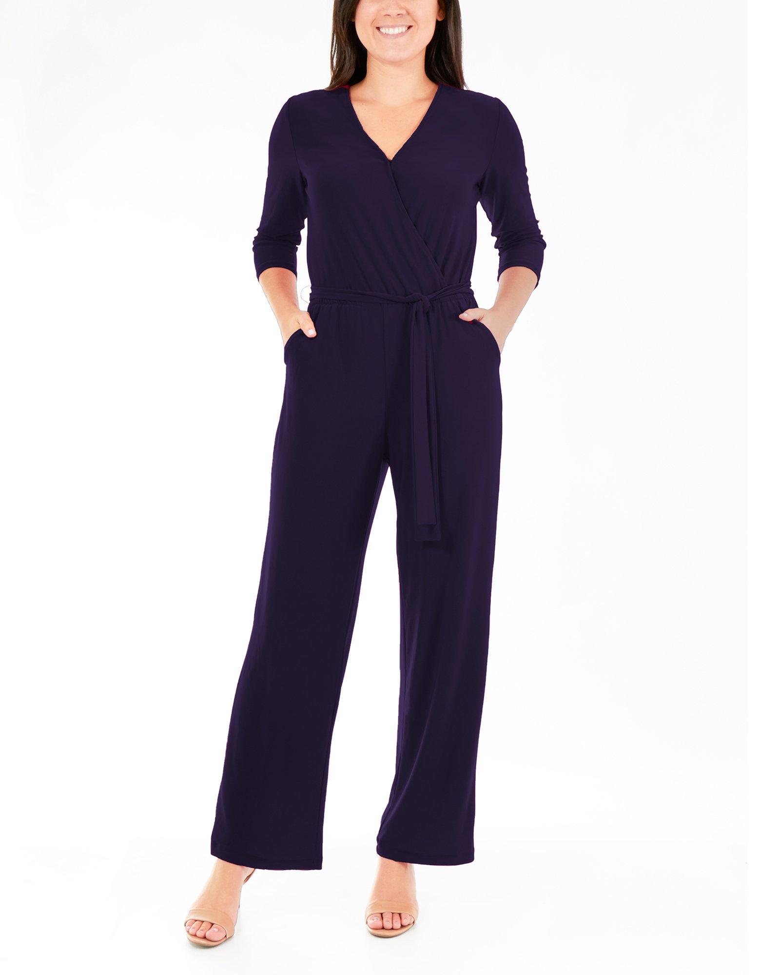 NY Collection Womens Petite 3/4 Sleeve Belted Jumpsuit