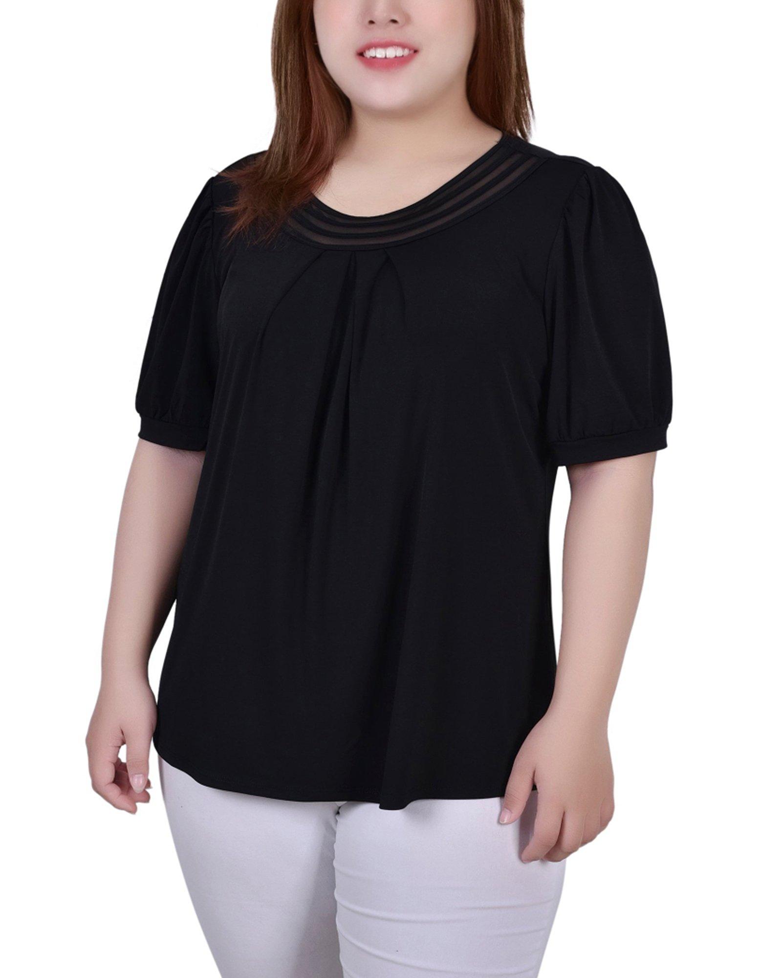 NY Collection Plus Short Puff Sleeve Sheer Inset Top